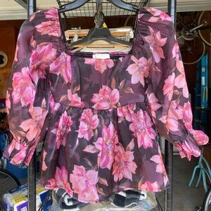 Floral Sheer Pink and Black Women's Top